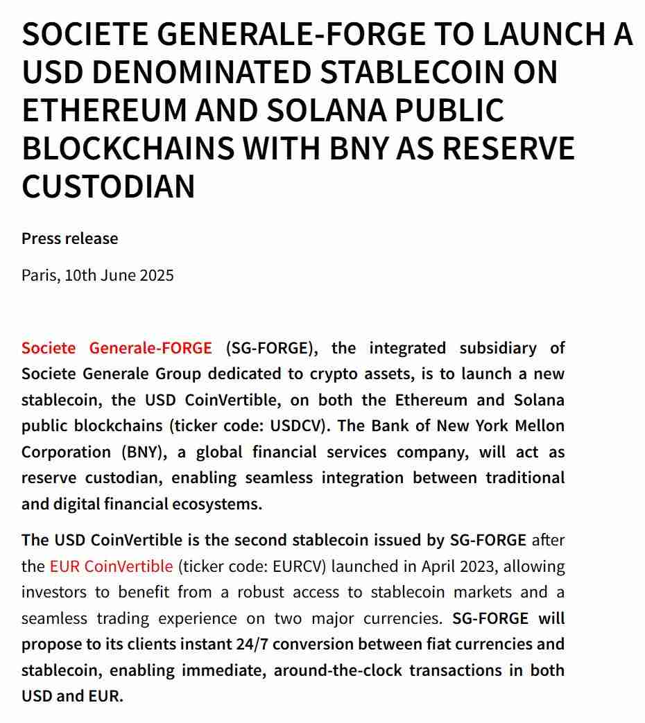 Societe Generale推出了USD固定的StableCoin USD共同动物（USDCV）